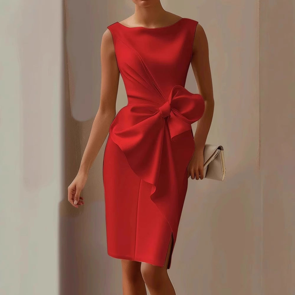 Red bow detail evening dress by Orchid Moda with sleeveless design and fitted silhouette