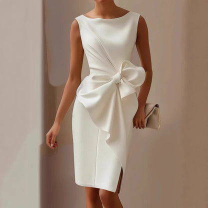Orchid Moda white bow detail evening dress with sleeveless design and side slit