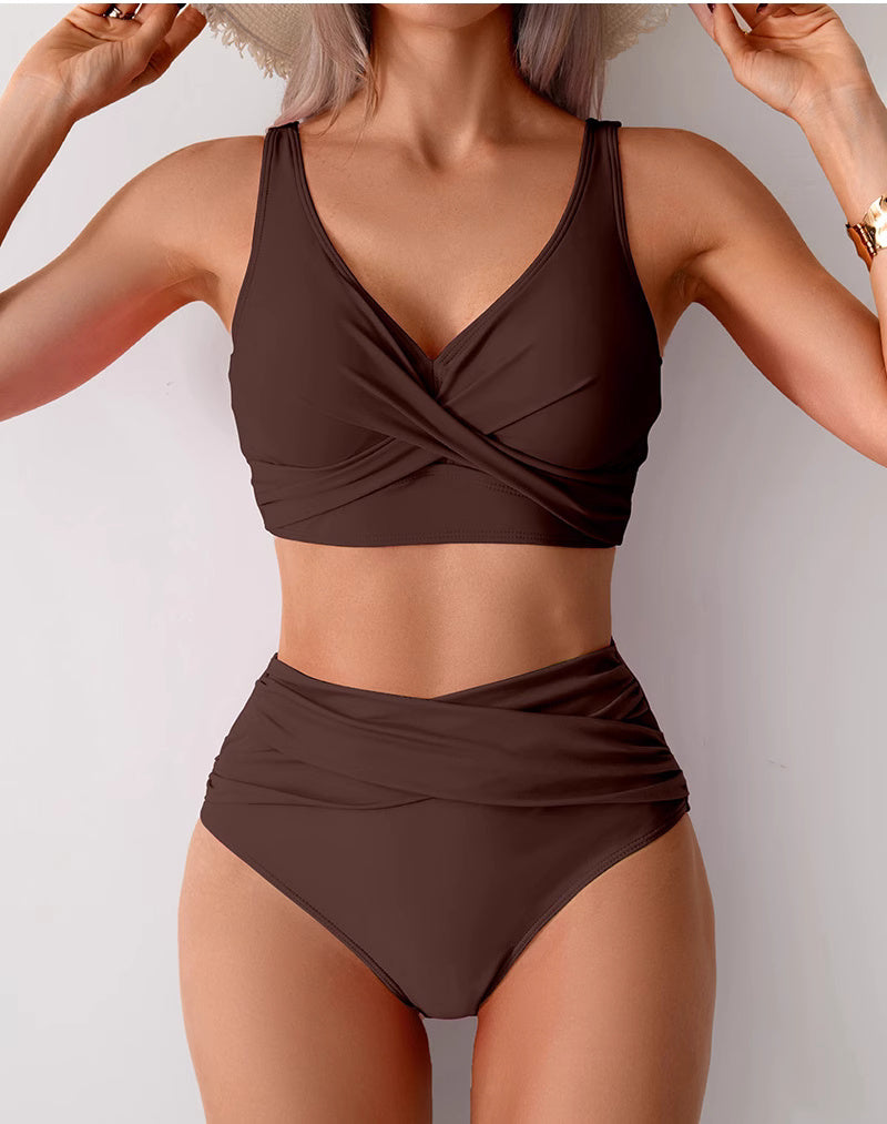 Orchid Moda brown high waist swimwear for women with a twist front top and ruched bottoms