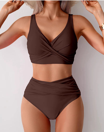 Orchid Moda brown high waist swimwear for women with a twist front top and ruched bottoms