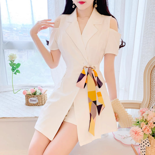 Orchid Moda chic cold shoulder blazer dress in white with geometric sash detail and short sleeves