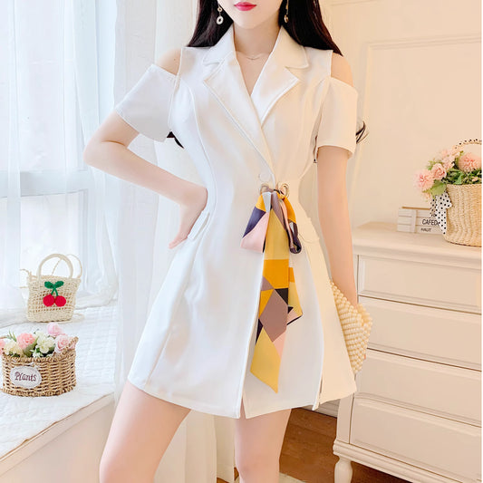 Orchid Moda chic cold shoulder blazer dress in white with colorful scarf detail and short sleeves