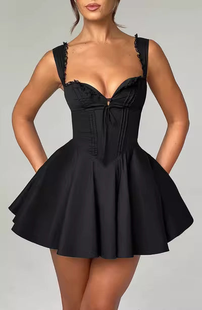 Orchid Moda black cute mini dress for parties with fitted bodice and flared skirt