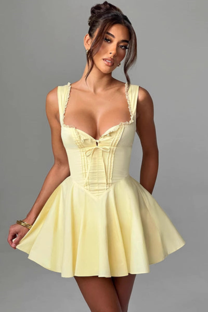 Yellow cute mini dress for parties with fitted corset top and flared skirt by Orchid Moda