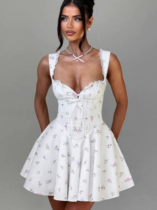 Orchid Moda white floral cute mini dress for parties with fitted bodice and flared skirt
