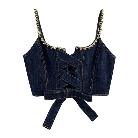 Dark blue denim cami top with rhinestones along straps and neckline by Orchid Moda