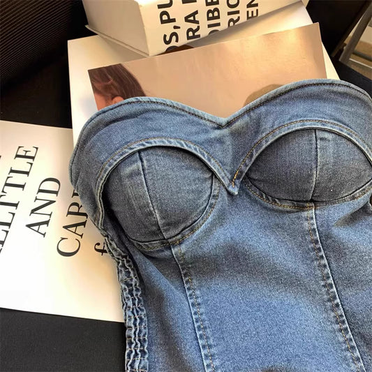 Orchid Moda denim tube top for women with structured cups and fitted design in blue denim fabric