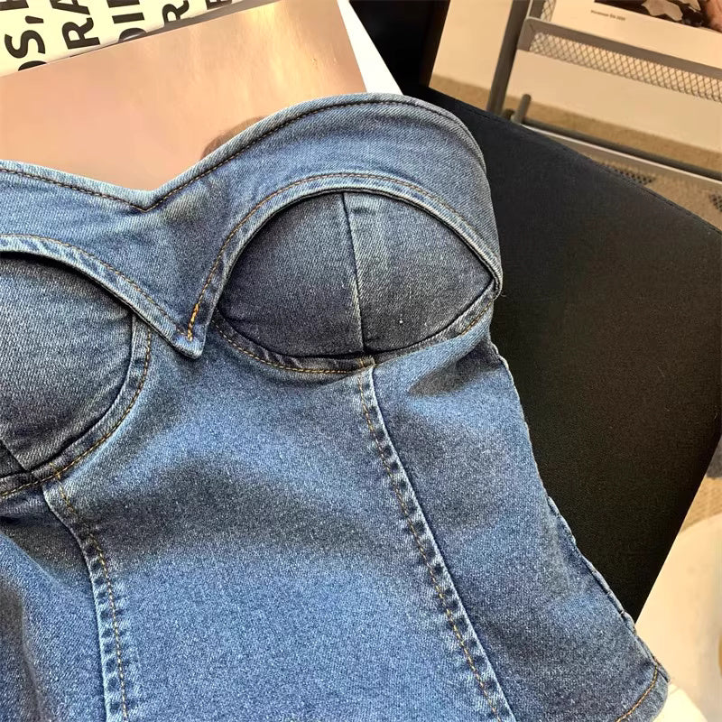 Orchid Moda denim tube top for women with structured bust and visible stitching detail