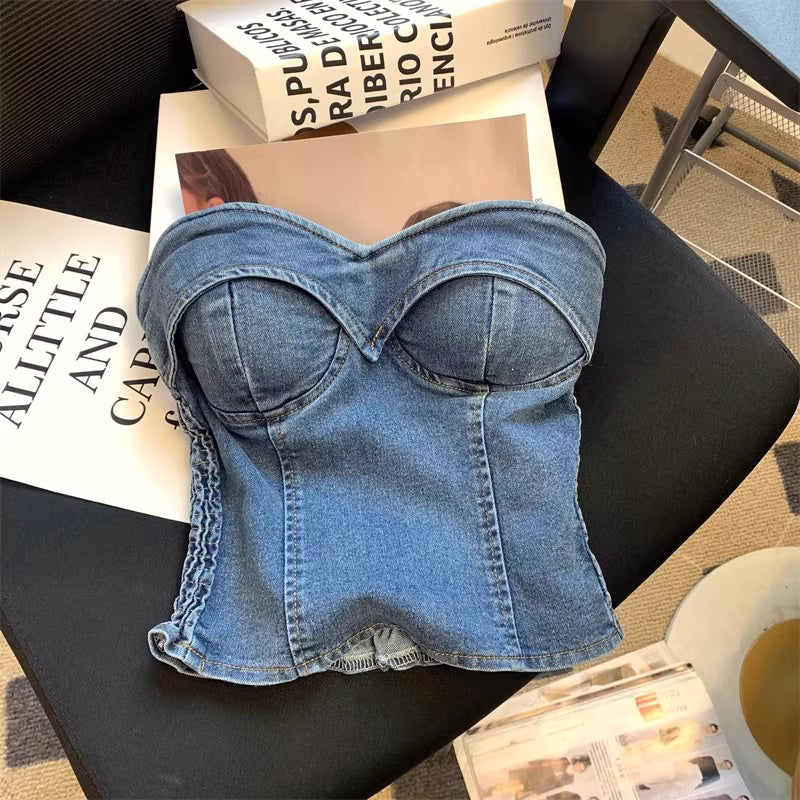 Orchid Moda denim tube top for women with structured bust and fitted waist in blue denim fabric