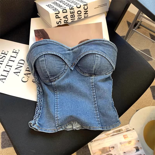 Orchid Moda denim tube top for women with structured bust and fitted waist in blue denim fabric