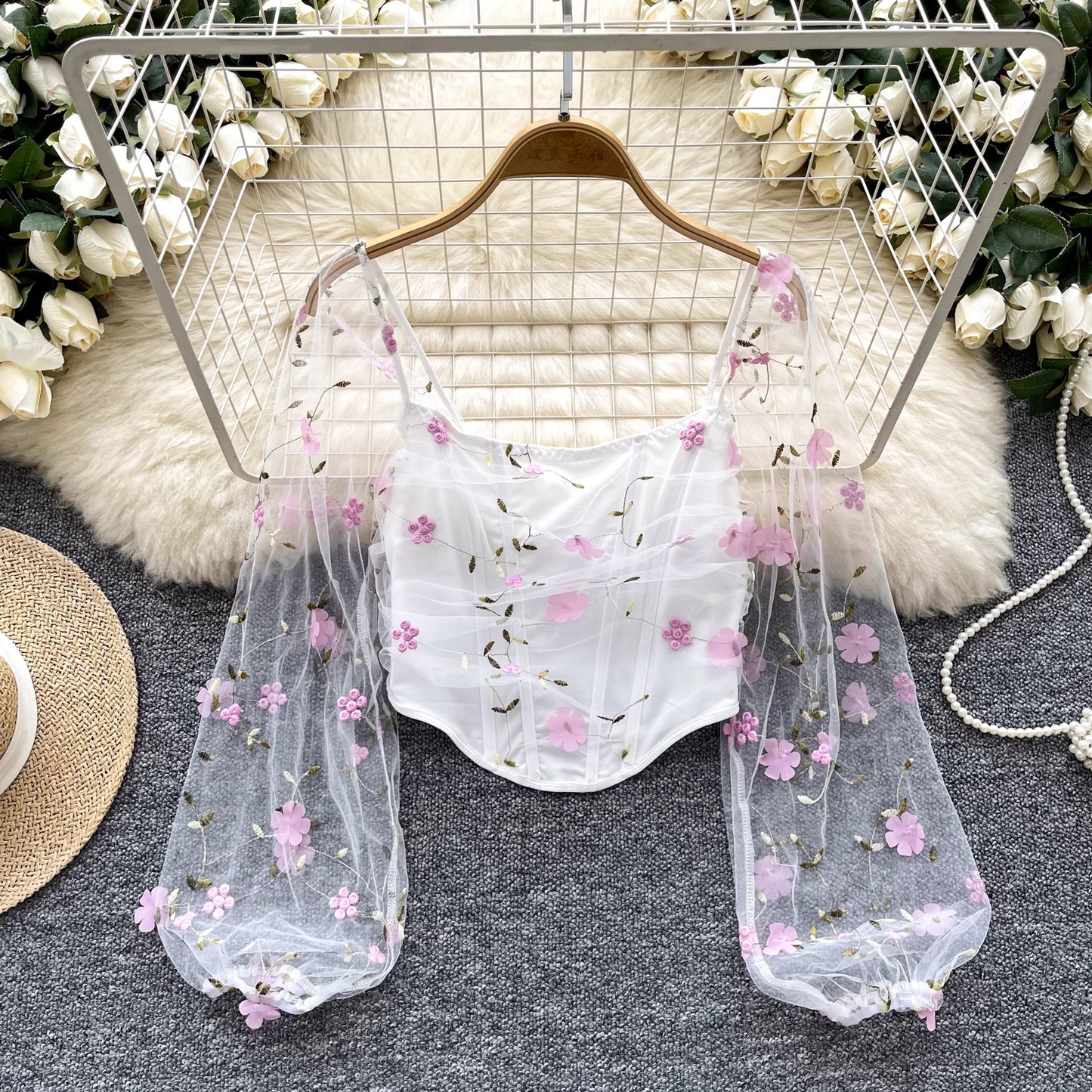 Orchid Moda enchanted sheer floral mesh top with puff sleeves and delicate pink flower embroidery