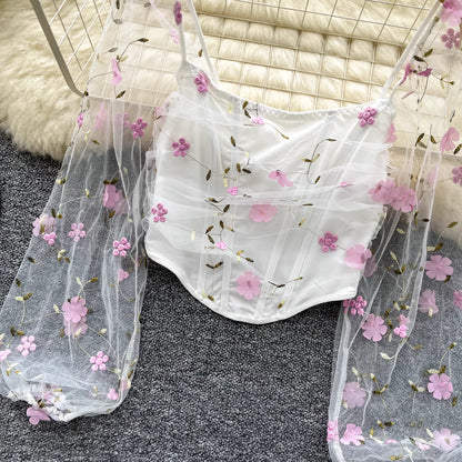 Orchid Moda enchanted sheer floral mesh top with pink flower embroidery and long puff sleeves
