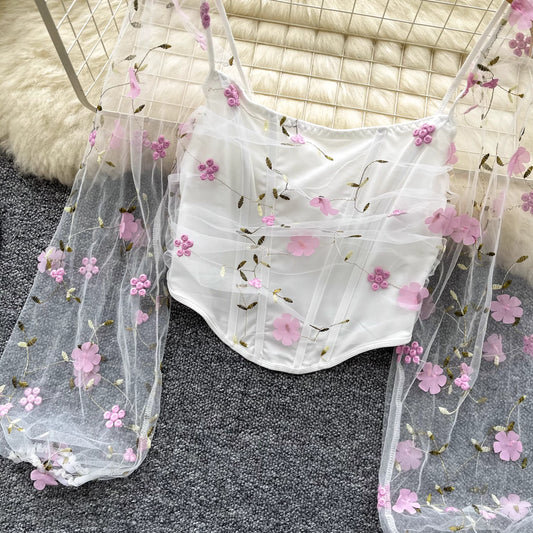 Orchid Moda enchanted sheer floral mesh top with pink flower embroidery and long puff sleeves