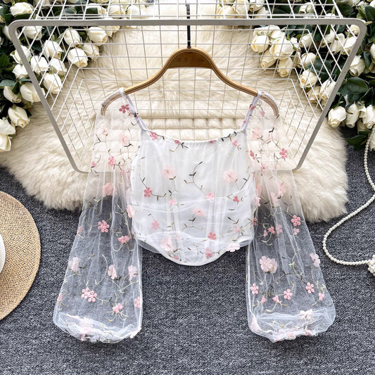 Orchid Moda enchanted sheer floral mesh top with long puffed sleeves and delicate pink flower embroidery