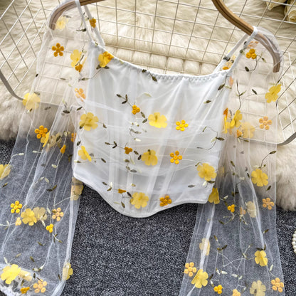 Orchid Moda enchanted sheer floral mesh top with yellow flower embroidery and long mesh sleeves