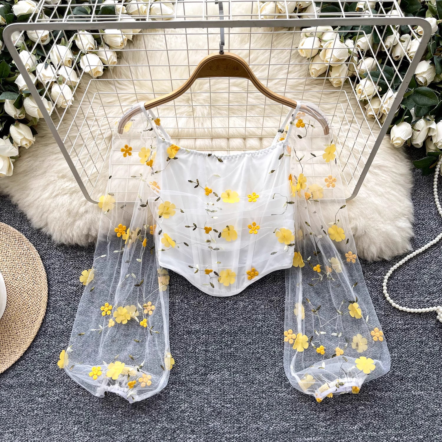 Orchid Moda enchanted sheer floral mesh top with yellow flower embroidery and puff sleeves