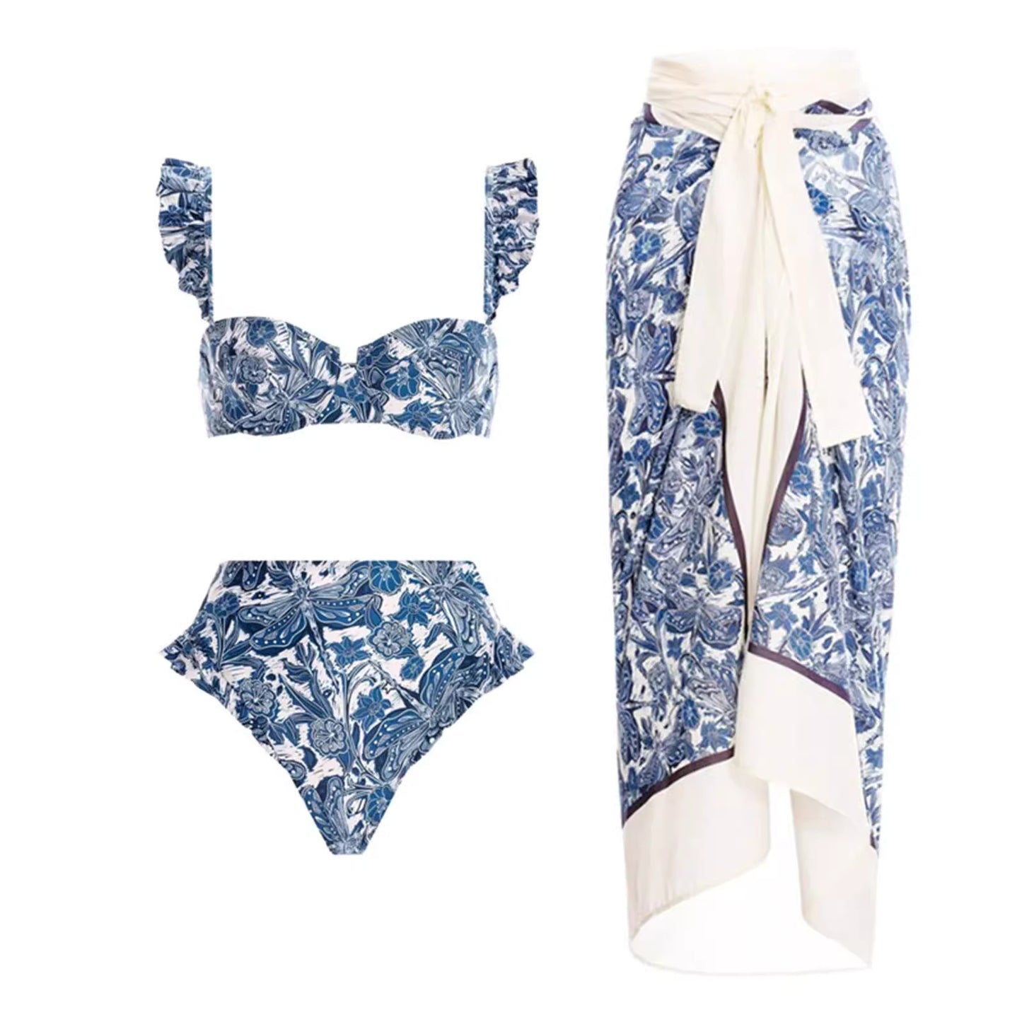 Orchid Moda blue floral print sarong swim set with ruffle straps bikini top and high waist bottoms