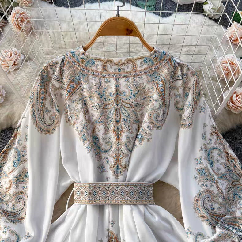 Orchid Moda white floral paisley mini dress with detailed pattern and cinched waist belt