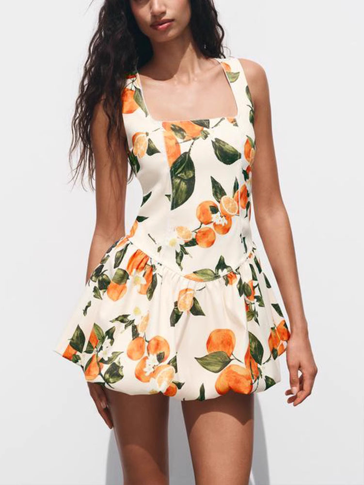 Orchid Moda floral printed sundress with orange and green fruit design, sleeveless and short hem