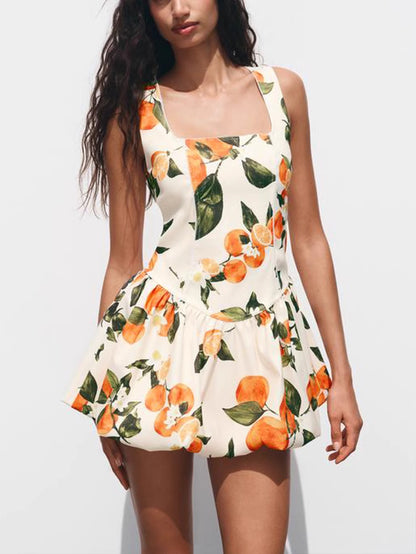 Orchid Moda floral printed sundress with orange and green fruit design, sleeveless and short hem