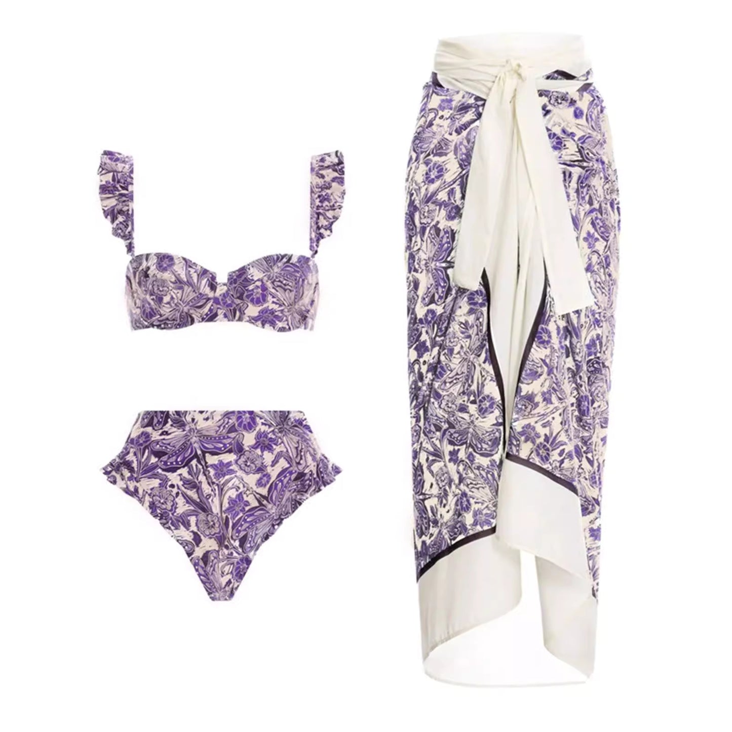 Orchid Moda purple floral sarong swim set with ruffled straps bikini top and high-waisted bottoms