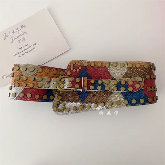 Colorful gypsy buckle wide belt for women with gold studs and patchwork design by Orchid Moda