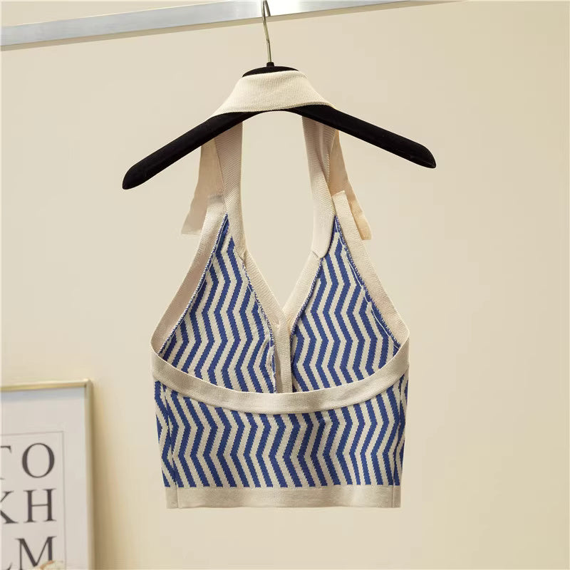 Orchid Moda blue and white halter neck backless top with zigzag pattern on hanger