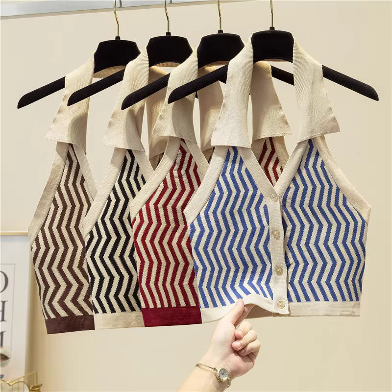 Orchid Moda halter neck backless tops in multiple colors with zigzag pattern hanging on black hangers