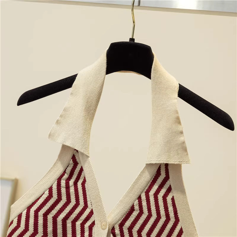 Orchid Moda halter neck backless top in cream and burgundy with zigzag pattern on black hanger