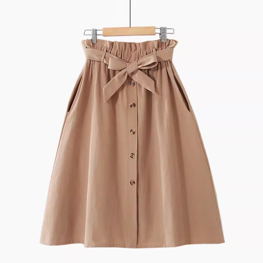 Beige high waisted midi skirt for women by Orchid Moda with front buttons and tie waist