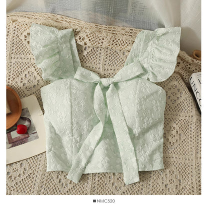 Orchid Moda light green jacquard crop top for women with ruffled sleeves and front tie detail