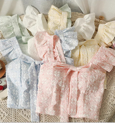 Orchid Moda jacquard crop top for women in pastel colors with floral pattern and ruffled sleeves