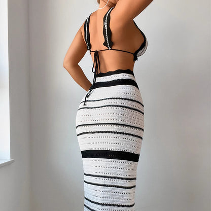 Orchid Moda black and white striped knitted beach wear set featuring a halter top and long skirt