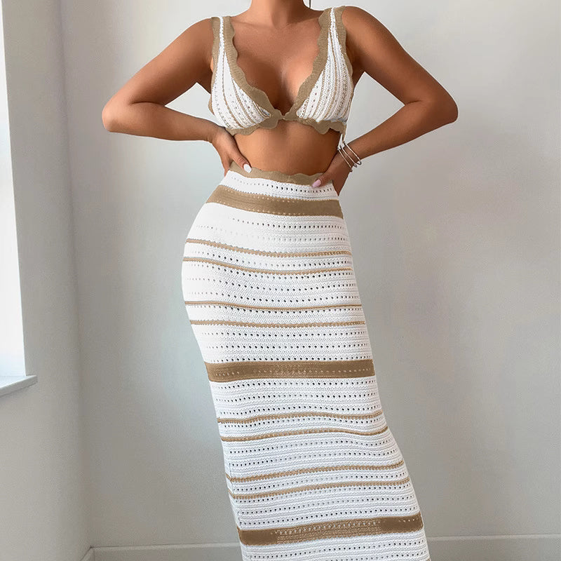 Orchid Moda knitted beach wear set featuring white and beige striped crochet top and long skirt