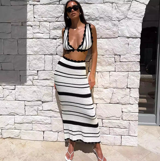 Orchid Moda black and white striped knitted beach wear set featuring a crop top and long skirt