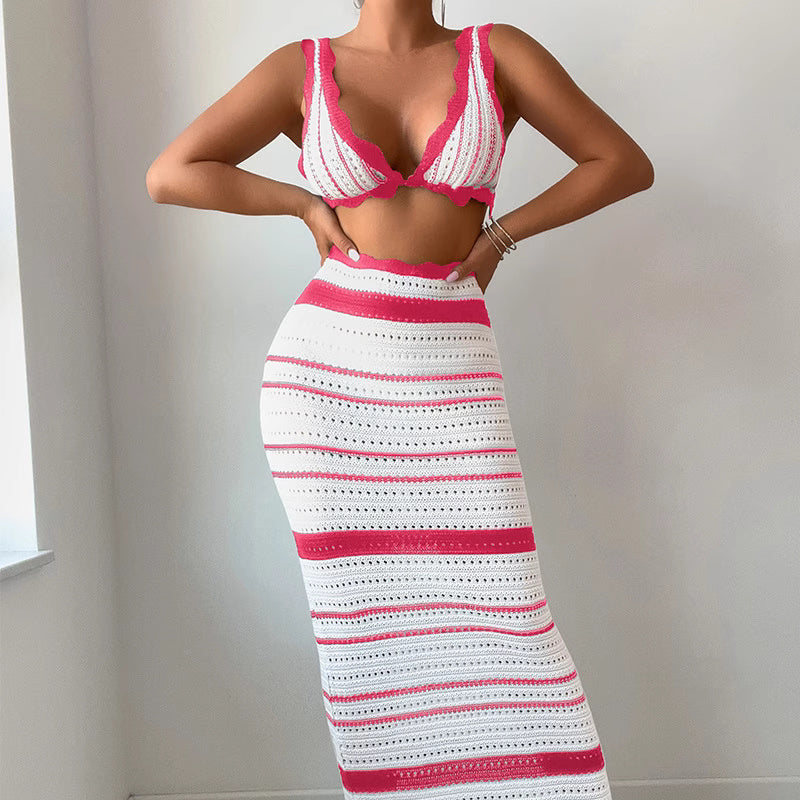 Orchid Moda knitted beach wear set featuring a white and pink crochet crop top and matching long skirt