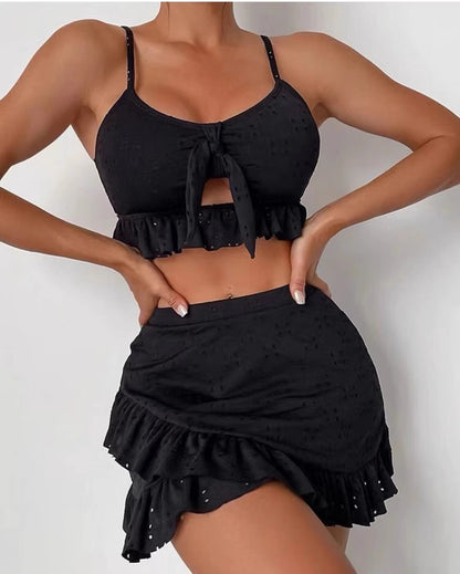 Orchid Moda black knot front swimwear set with ruffle details and adjustable straps