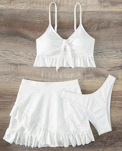 Orchid Moda white knot front swimwear set with ruffle hem skirt and matching bikini bottom
