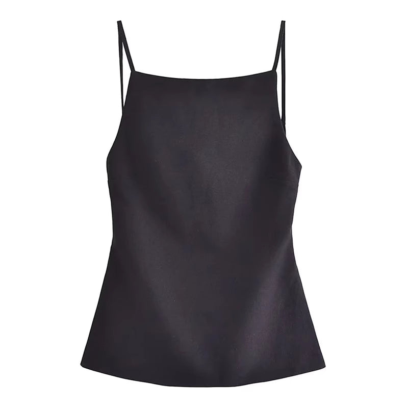 Orchid Moda black minimalist women's tank top with thin straps and simple design