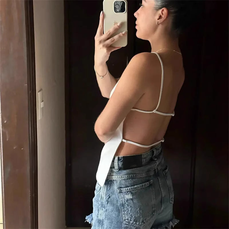 Orchid Moda minimalist women's tank top in white with thin straps and open back style