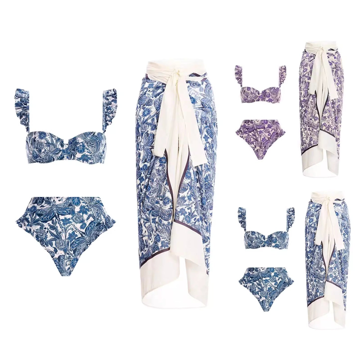 Orchid Moda sarong swim set with floral print bikini top high waist bottoms and matching tied sarong wrap