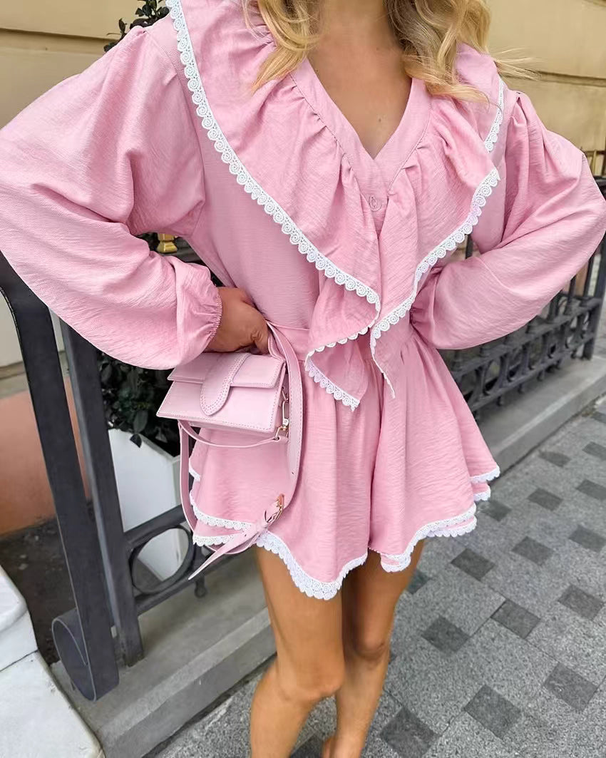 Orchid Moda pink flare shorts and top set with white lace trim and long puff sleeves