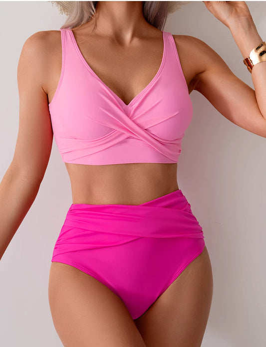 Orchid Moda pink high waist swimwear for women with ruched detailing and sleeveless top