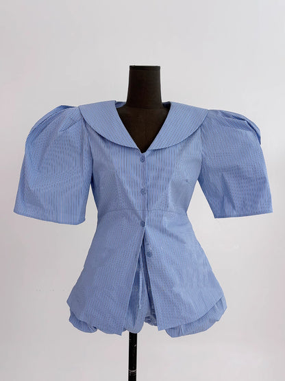 Orchid Moda blue puff sleeve short set with oversized sleeves and button-down front