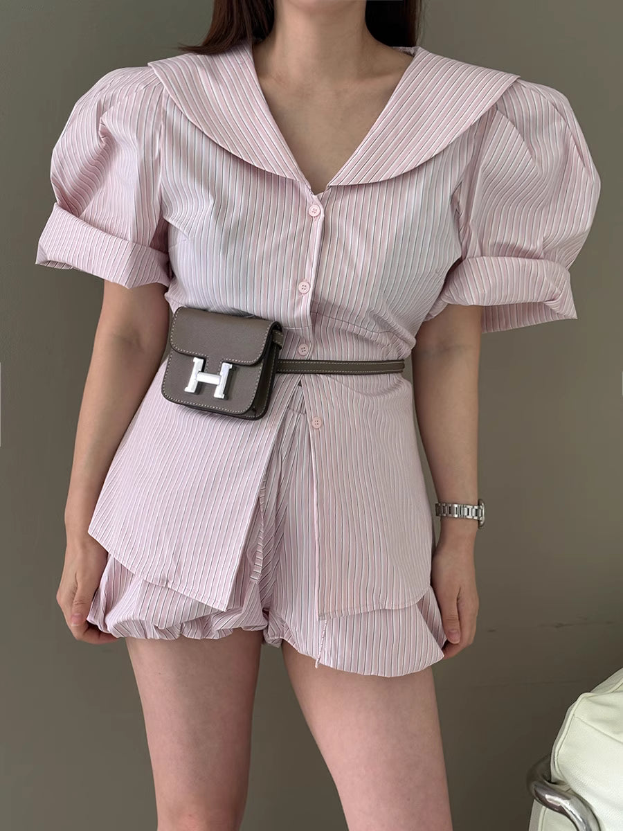 Orchid Moda pink striped puff sleeve short set with button front and ruffle hem shorts