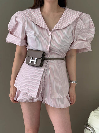 Orchid Moda pink striped puff sleeve short set with button front and ruffle hem shorts
