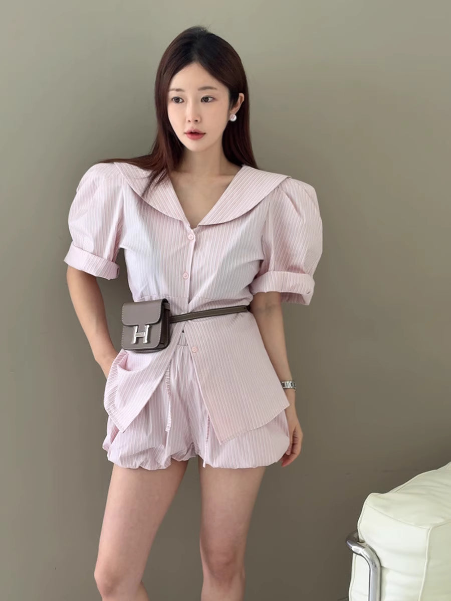 Orchid Moda puff sleeve short set with striped fabric and button-up top styled with a belt bag