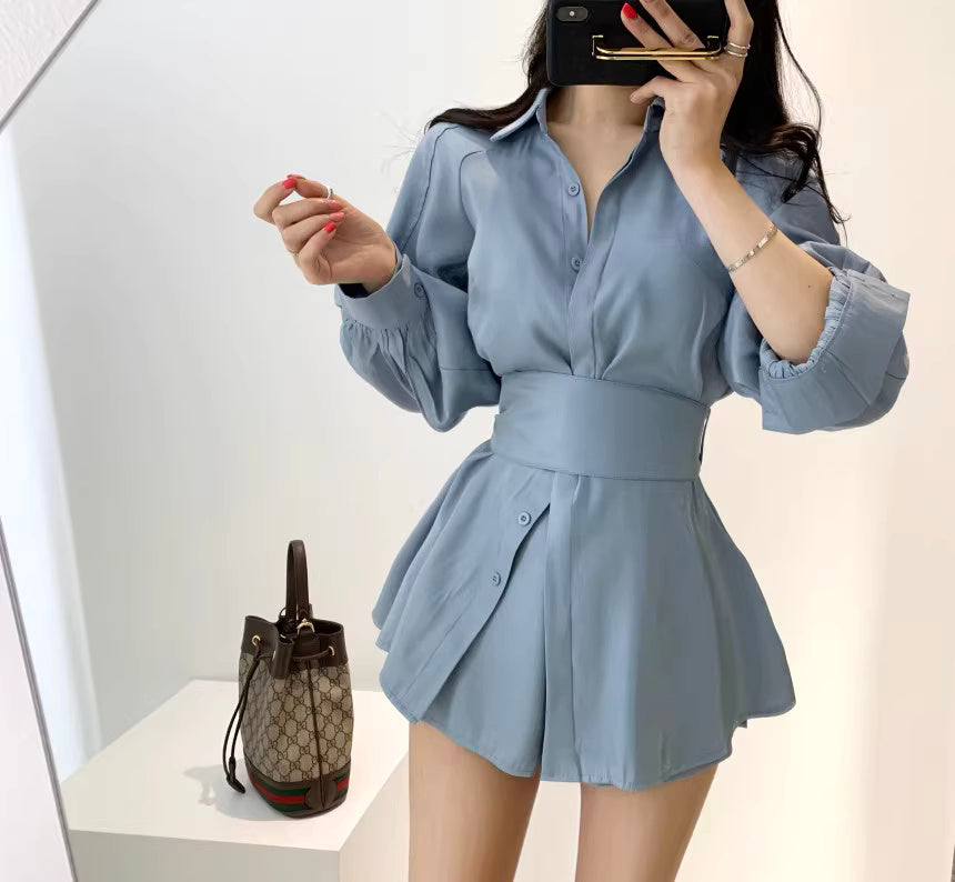 Orchid Moda light blue retro co-ord set with button-up shirt and high-waisted shorts