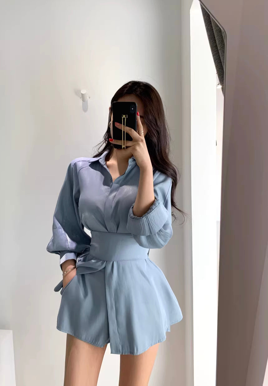 Orchid Moda light blue retro co-ord set featuring a collared top and high-waisted shorts with a waist tie