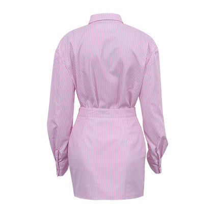 Back view of pink striped rosebud co ord set online with long sleeves and fitted waist by Orchid Moda